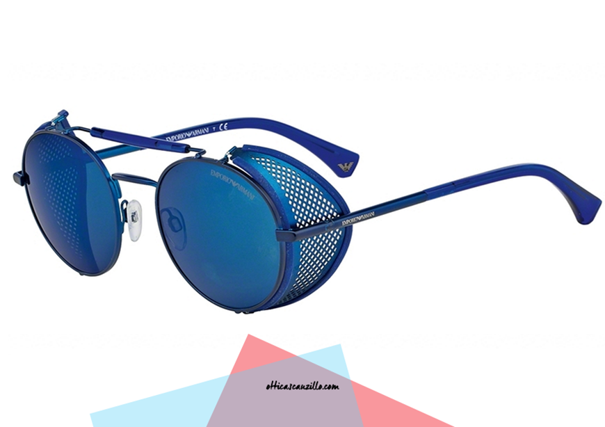 Sunglasses Emporio Armani EA 2017Z with. 305097 metal with blue mirrored lenses. Accessory with a unique style from classic round shape with double bridge and side covers made of perforated metal. Sunglasses strong researched and vintage character for those who feel they make a difference. Round glasses Emporio Armani 2017Z.