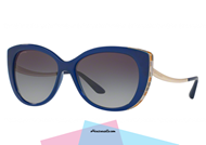 New eyewear collection sunglasses Bulgari BV 8178 col. 11158G with front celluloid blue and gold rods. Female accessory fashion classic and contemporary style. Innovative design with detail of Snakes collection at the top on the front. Given away this sunglasses Bulgari BV 8178, a timeless classic.