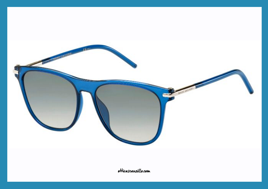 New eyewear collection sunglasses Marc Jacobs 49 / S col. TNLVK rectangular shape. Marc Jacobs glasses in blue celluloid with innovative flat lenses in gray gradient. silver metal detail on the temples. Unisex accessory sober and clean style, suitable for any occasion. Buy this sunglass Marc Jacobs MJ49S, give yourself a modern accessory.
