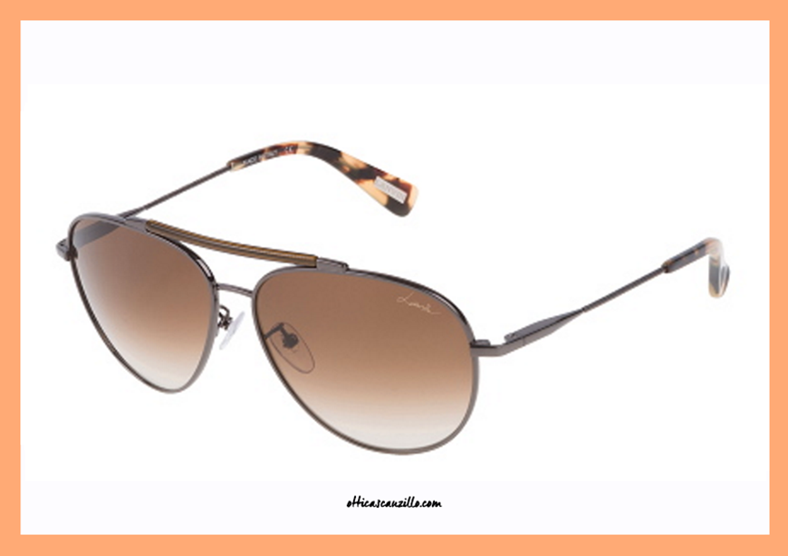 New sunglasses collection Lanvin SLN 065 col. 568Y with metal fitting gunmetal. A complete, lenses in brown gradient and double bridge with celluloid brown insert. Unisex accessory from the classic aviator shape but by the more elegant and formal style. Buy online this sunglasses Lanvin 065, shipping is free in Italy.