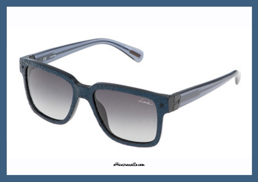 New sunglasses collection Lanvin SLN 622 col. 09AM from classical rectangular shape. Lanvin glasses celluloid blue with front rough stone effect. Unisex accessory modestly decorated with particular attention to detail. A complete, lenses in gray gradient.