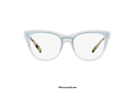 Eyeglasses Valentino VA3019 col. 5076. Transparent celluloid and matte shaded light blue metal Valentino eyewear with decorative metal studs on the ends of the temples. Buy your Valentino VA3019 eyeglasses now, let yourself be inspired by its modern design.