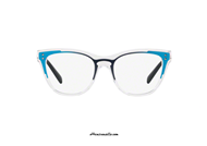 Eyeglasses Valentino VA3019 col. 5077. Transparent celluloid and two tone dark blue-matte azure metal Valentino eyewear with decorative metal studs on the ends of the temples. Buy your Valentino VA3019 eyeglasses now, let yourself be inspired by its modern design.