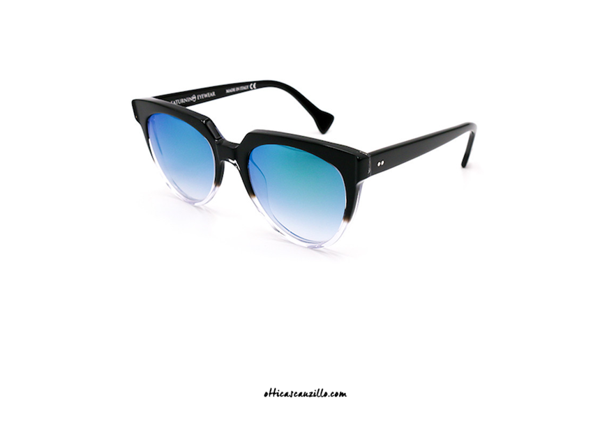 Saturnino Eyewear Wes col. 5 black sunglasses. Modern style suitable for every look for this eyewear characterized by the wide, butterfly shape, black celluloid frame with transparent shade on the front and blue-green shaded lenses to complete. Wear now your new Saturnino Eyewear Wes col. 5 black sunglasses, buy it now.