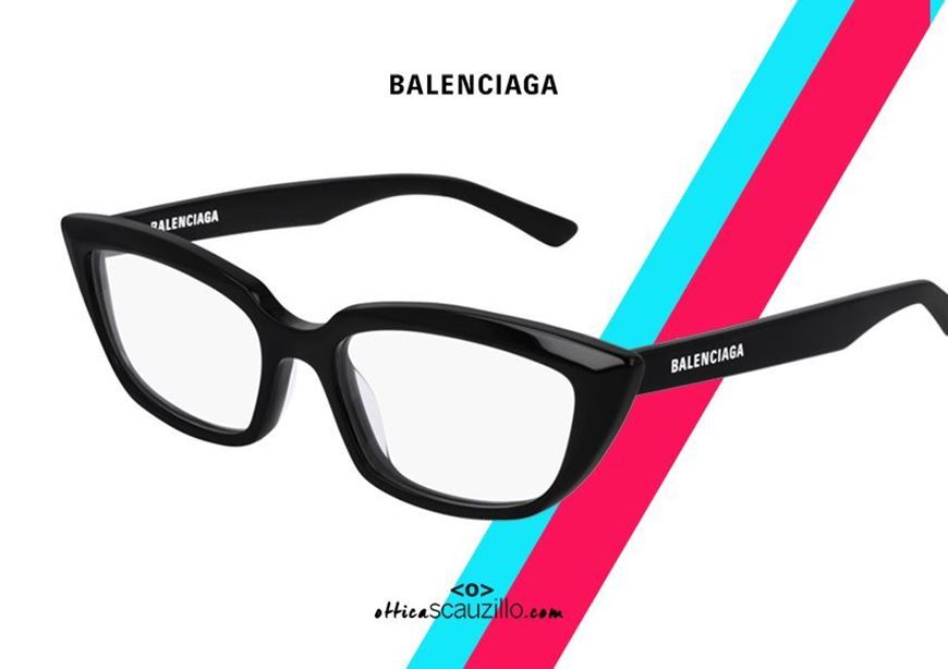 shop online New Balenciaga pointed rectangular eyeglasses BB0063O col.001 black on otticascauzillo.com occhiale da vista rettangolare stretto a punta nero