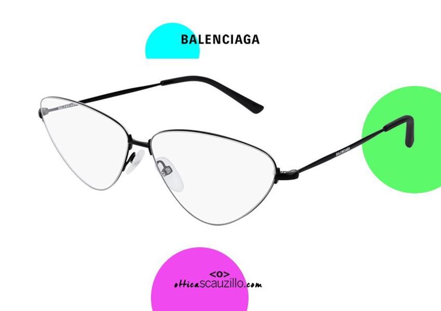 shop online New metal cat eye eyewear Balenciaga BB0015O col.001 black otticascauzillo.com nuovo occhiale in metallo nero dalla forma a punta triangolare Balenciaga