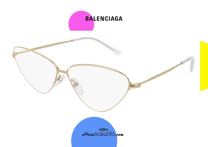 shop online New metal cat eye glasses Balenciaga BB0015O col.003 gold otticascauzillo.com occhiale da vista in metallo a farfalla a punta triangolare morbido in oro balenciaga