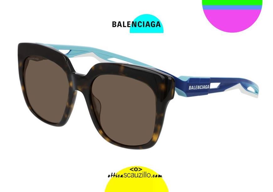 shop online Balenciaga TripleS BB0025S oversized square sunglasses col.002 brown/blue otticascauzillo.com occhiale da sole squadrato oversize marrone e aste gommate blu Balenciaga 