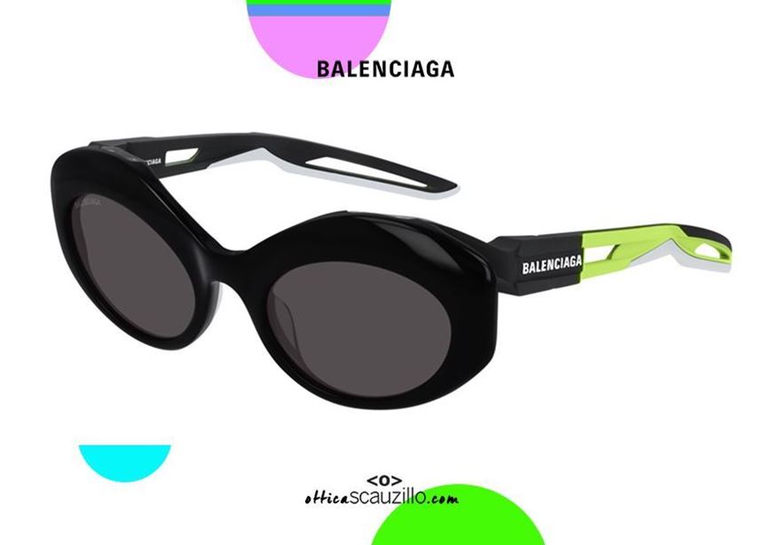 shop online Balenciaga oval cat eye sunglasses TripleS BB0053S col.005 black fluo green otticascauzillo.com occhiale da sole ovale cat eye con aste in gomma TripleS Balenciaga