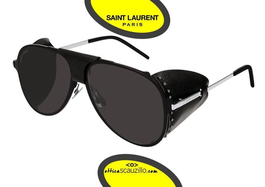 shop online Teardrop aviator sunglasses with blinkers Saint Laurent Classic 11 col.001 silver on otticascauzillo.com acquisto online occhiale da sole aviator in metallo a goccia con paraocchi in pelle nera laterali