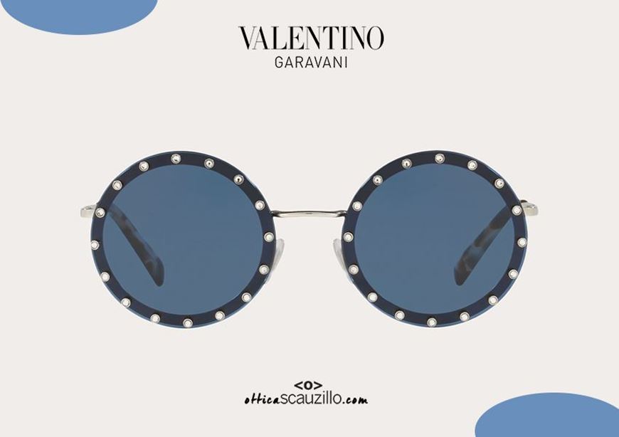 shop online New oversized round sunglasses Valentino VA2010 blue with white rhinestones on otticascauzillo.com acquisto online Nuovo occhiale da sole tondo oversize Valentino VA2010 blu con strass bianchi 