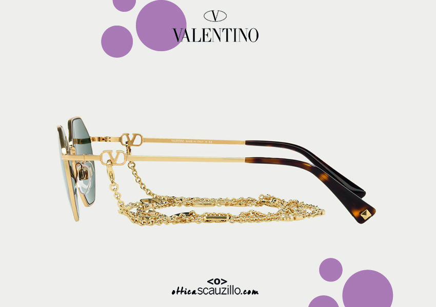 New Octagonal Metal Sunglasses With Chain Vlogo Signature Valentino Va2040 Col 266 Gold Green 7051