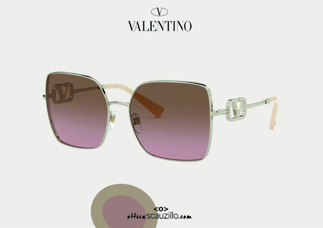 Square Metal Sunglasses Vlogo Signature Crystals Valentino Va 2041 Col Kz7 Gold Shaded Brown 5823